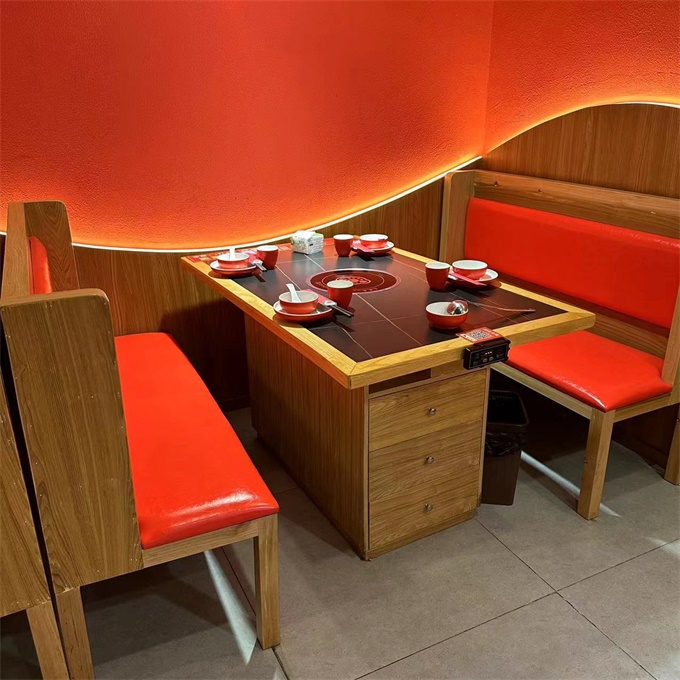 火锅店实木包边岩板台面电磁炉火锅桌