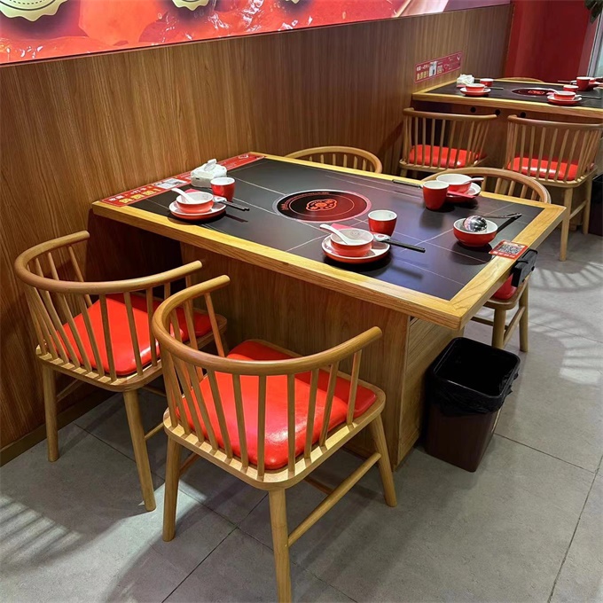 火锅店实木包边岩板台面电磁炉火锅桌