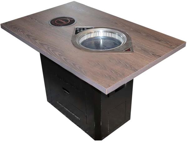 实木方形花纹桌面黑色方桶脚电磁炉自助火锅烧烤一体桌