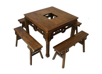 榆木方形煤气灶电磁炉火锅桌仿古铜钱八仙桌