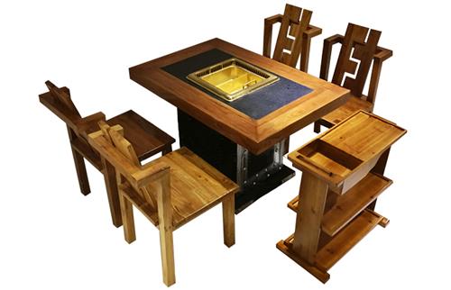 老榆木仿古实木新中式电磁炉下沉式煤气无烟净化火锅桌椅