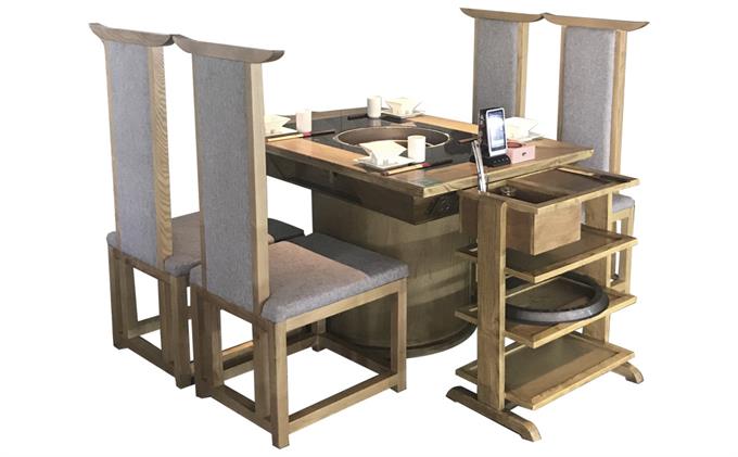 火锅店新中式实木下沉式电磁炉火锅桌椅