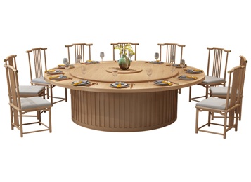 会所包房新中式田园风实木自动旋转餐桌