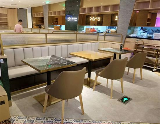 西餐厅简约现代方形不锈钢镀金大理石餐桌