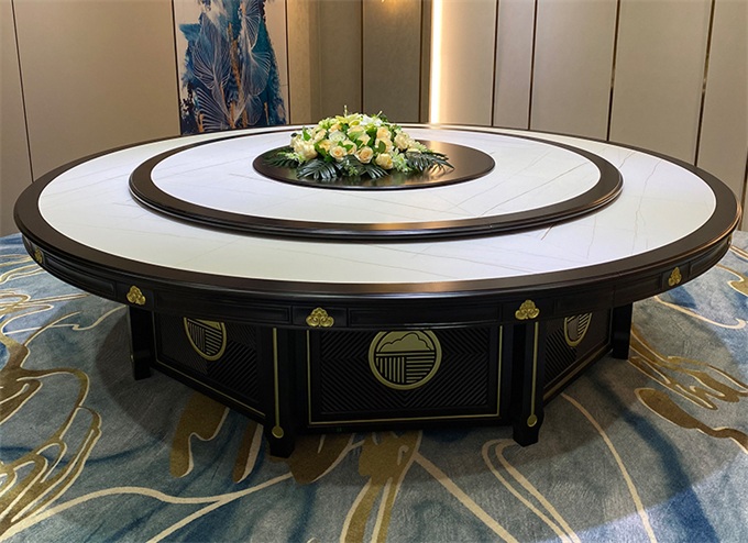会所新中式实木转盘大圆桌大理石3米电动圆桌